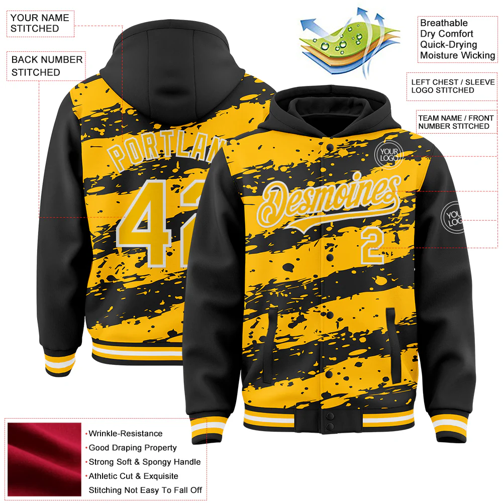 Custom Black Gold-White Splash 3D Pattern Design Bomber Full-Snap Varsity Letterman Hoodie Jacket - Image 4