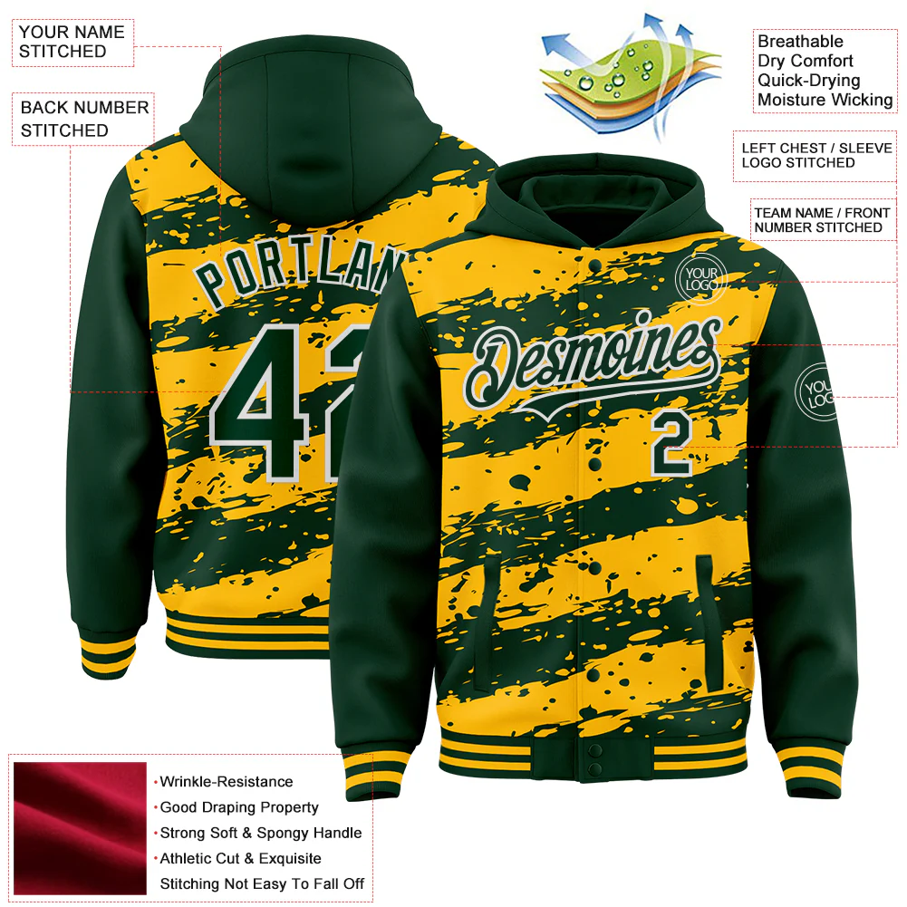 Custom Gold Green-White Splash 3D Pattern Design Bomber Full-Snap Varsity Letterman Hoodie Jacket - Image 4