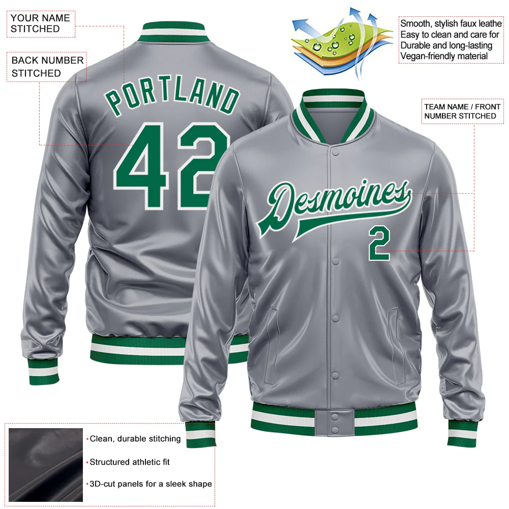 Custom Gray Kelly Green-White Bomber Full-Snap Varsity Faux Leather Letterman Jacket - Image 2