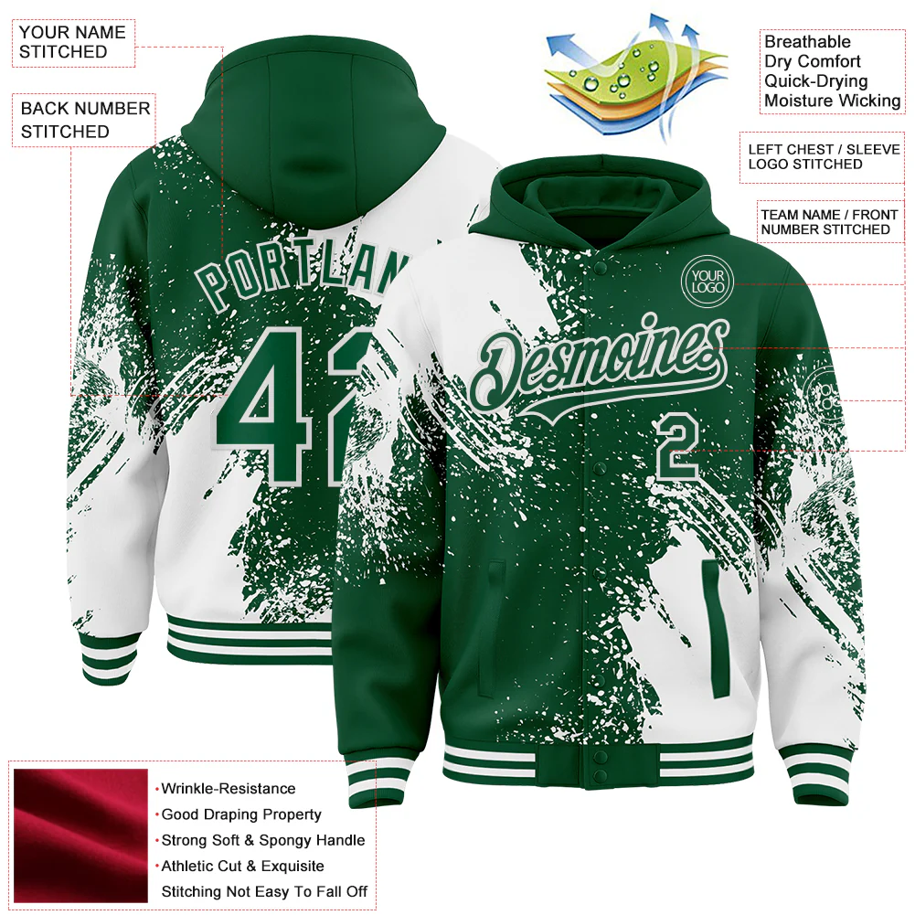 Custom Kelly Green White Abstract Brush Stroke 3D Pattern Design Bomber Full-Snap Varsity Letterman Hoodie Jacket - Image 4