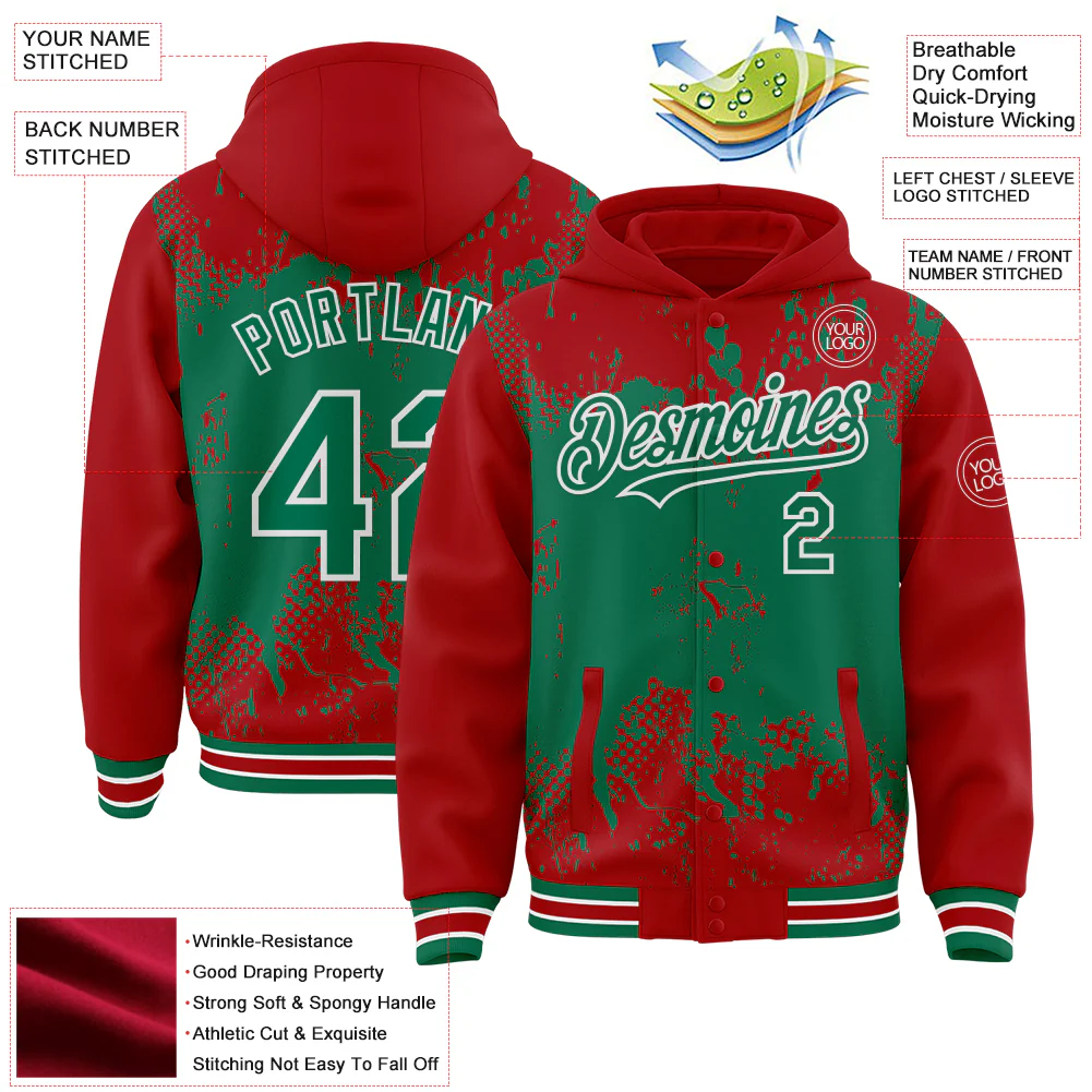Custom Red Kelly Green-White Splash Art 3D Pattern Design Bomber Full-Snap Varsity Letterman Hoodie Jacket - Image 4