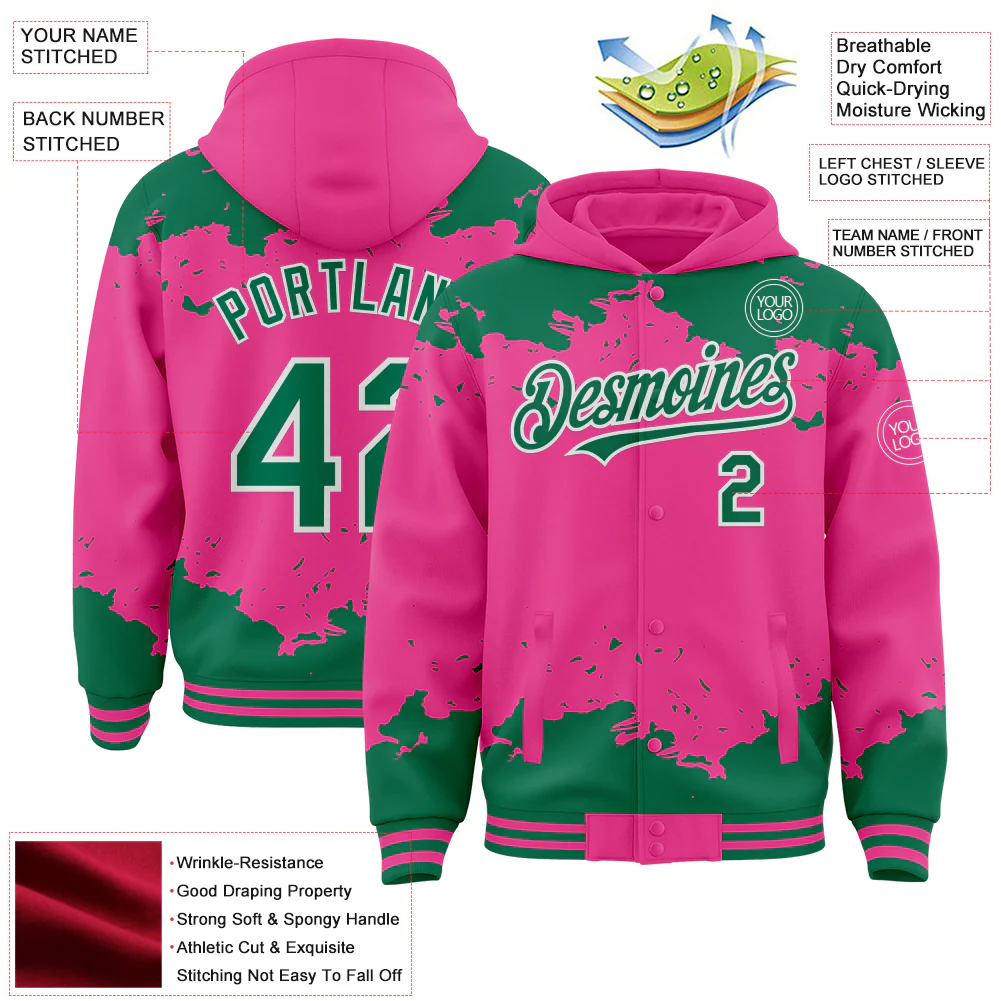 Custom Pink Kelly Green-White Splash Art 3D Pattern Design Bomber Full-Snap Varsity Letterman Hoodie Jacket - Image 4