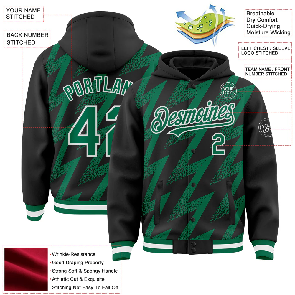 Custom Black Kelly Green-White Zigzag Shape 3D Pattern Design Bomber Full-Snap Varsity Letterman Hoodie Jacket - Image 4