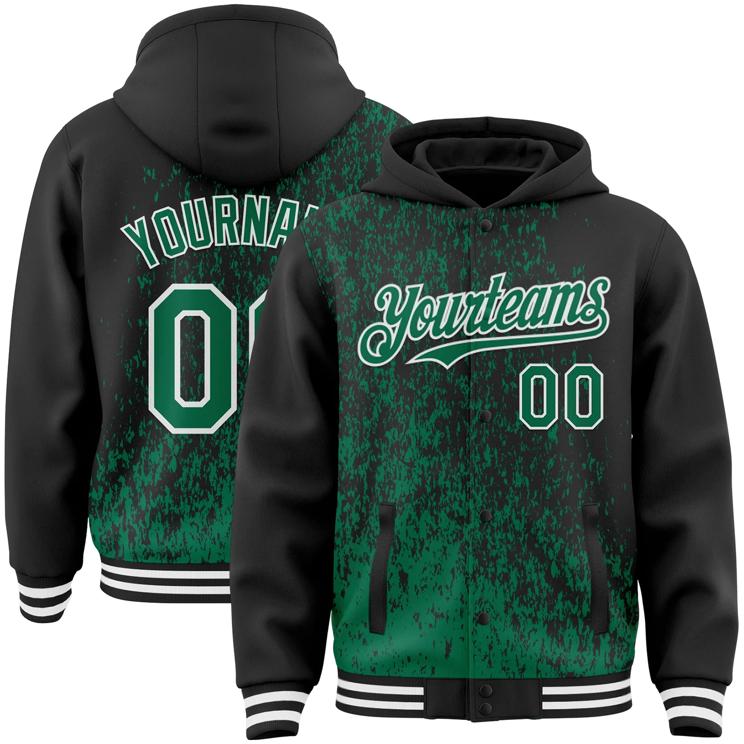 Custom Black Kelly Green-White Abstract Fragment Art 3D Pattern Design Bomber Full-Snap Varsity Letterman Hoodie Jacket