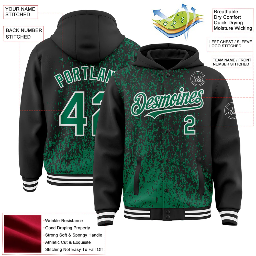 Custom Black Kelly Green-White Abstract Fragment Art 3D Pattern Design Bomber Full-Snap Varsity Letterman Hoodie Jacket - Image 4
