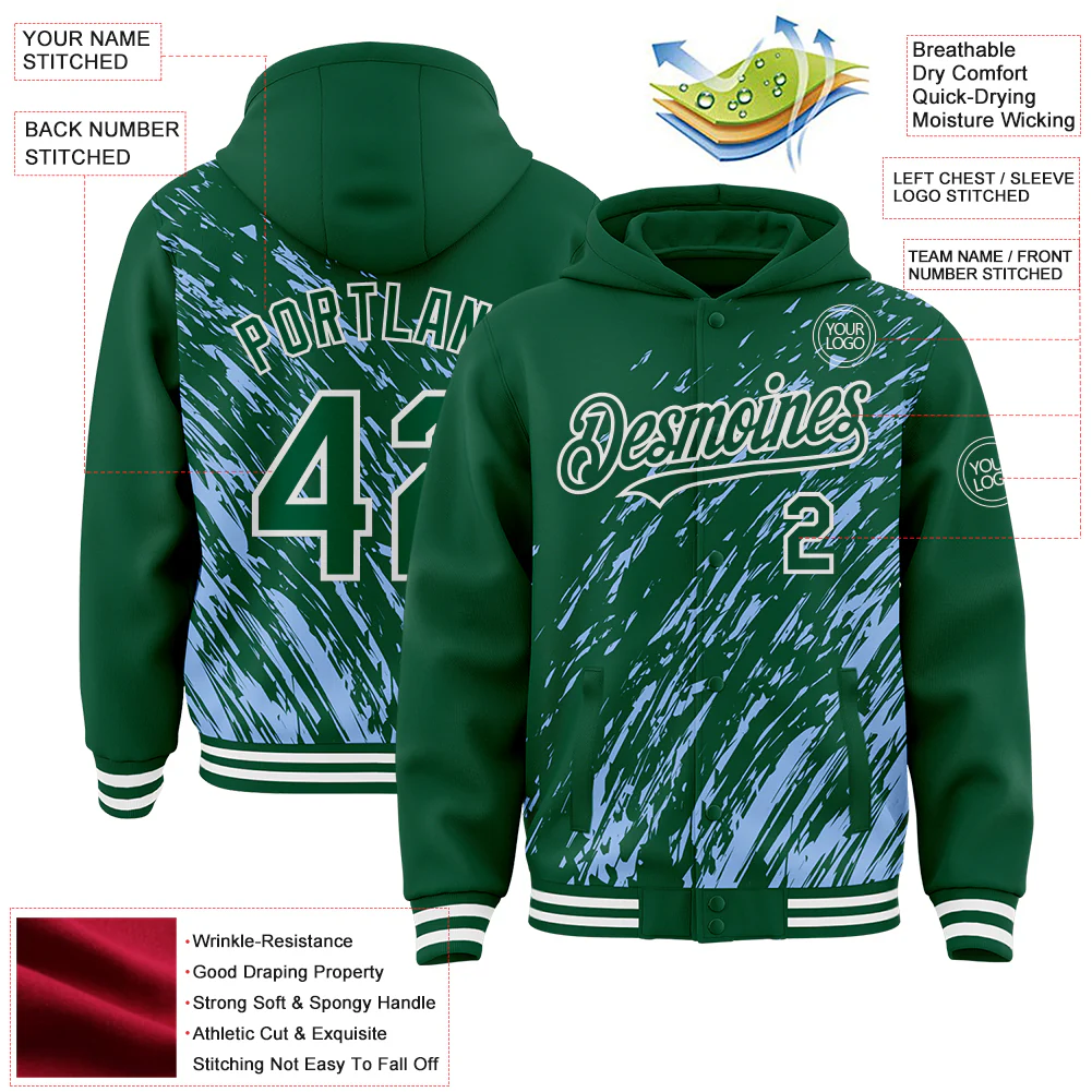 Custom Light Blue Kelly Green-White 3D Pattern Design Bomber Full-Snap Varsity Letterman Hoodie Jacket - Image 4
