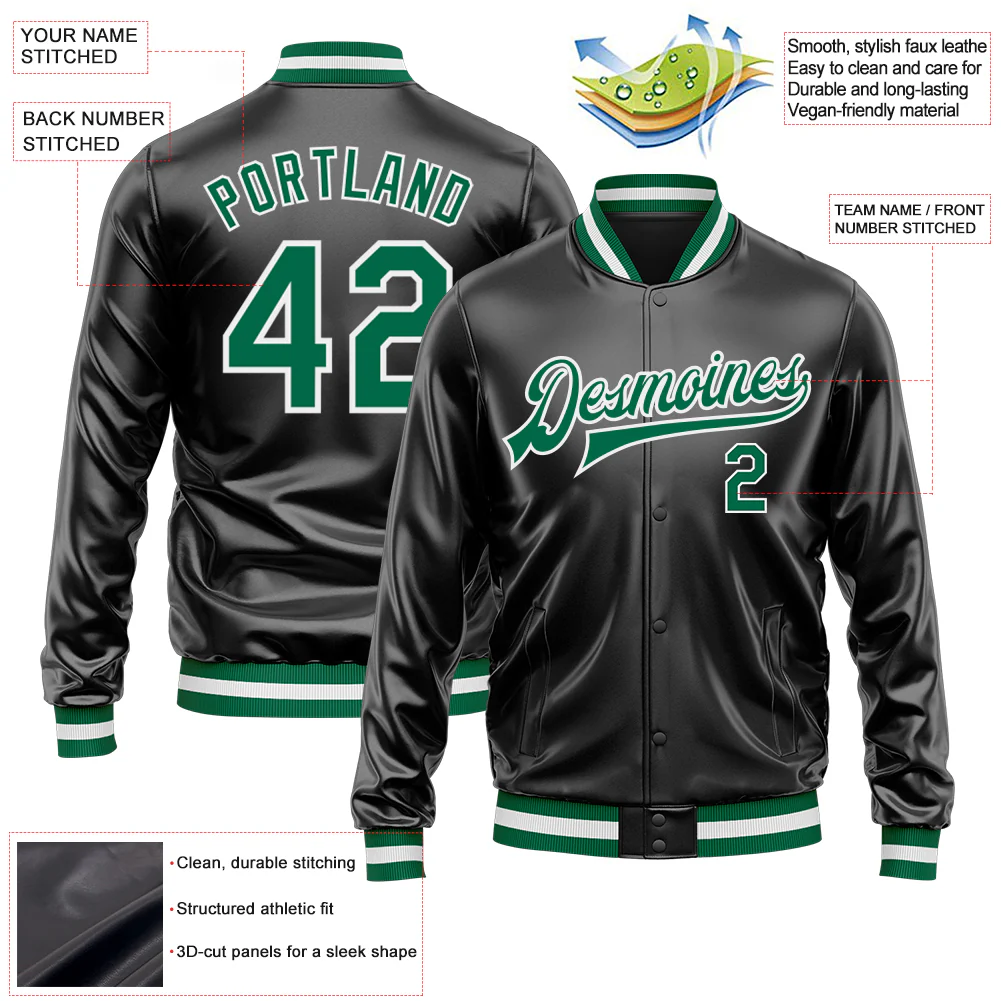 Custom Black Kelly Green-White Bomber Full-Snap Varsity Faux Leather Letterman Jacket - Image 2