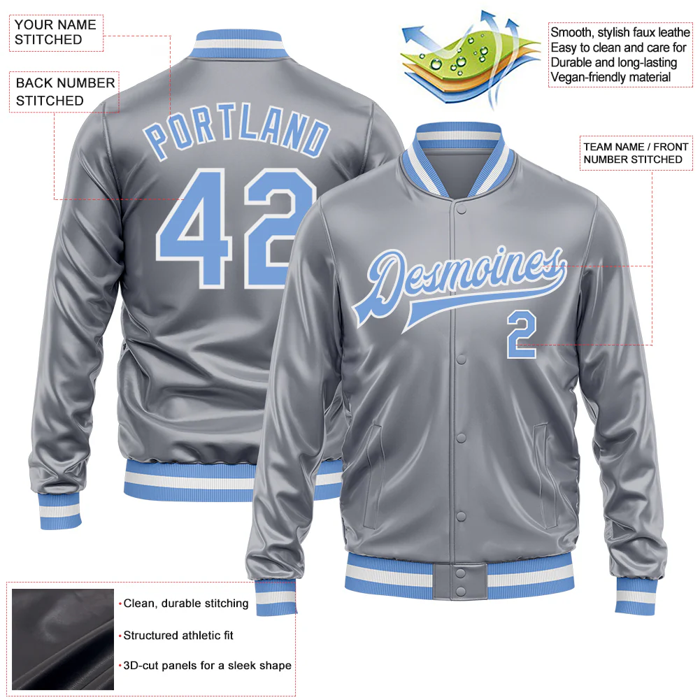Custom Gray Light Blue-White Bomber Full-Snap Varsity Faux Leather Letterman Jacket - Image 2