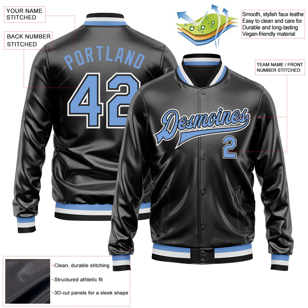 Custom Black Light Blue-White Bomber Full-Snap Varsity Faux Leather Letterman Jacket - Image 2