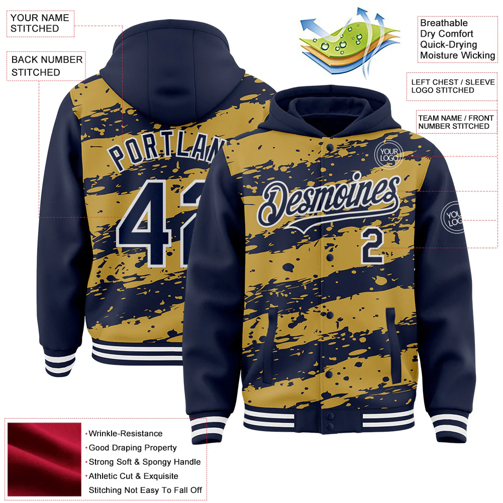 Custom Old Gold Navy-White Splash 3D Pattern Design Bomber Full-Snap Varsity Letterman Hoodie Jacket - Image 4