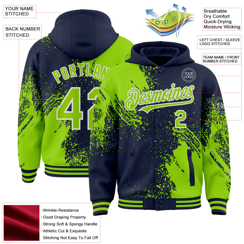 Custom Navy Neon Green-White Abstract Brush Stroke 3D Pattern Design Bomber Full-Snap Varsity Letterman Hoodie Jacket - Image 4