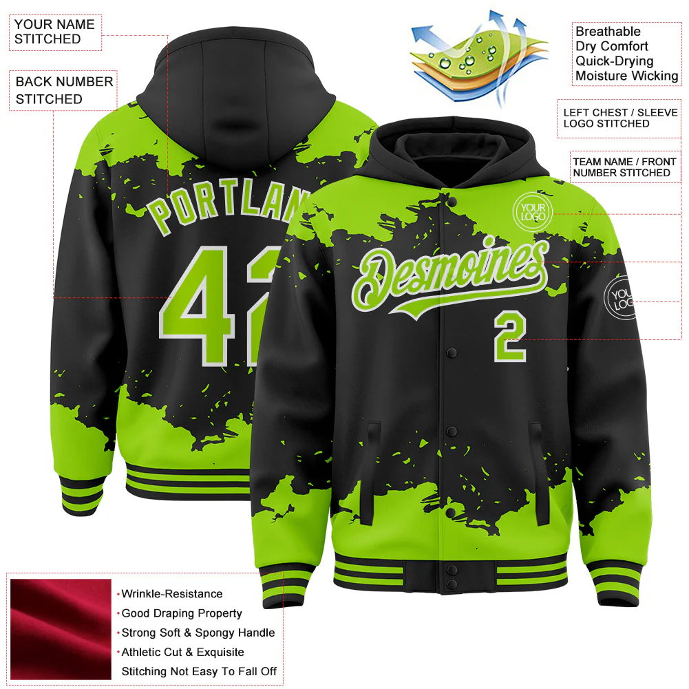 Custom Black Neon Green-White Splash Art 3D Pattern Design Bomber Full-Snap Varsity Letterman Hoodie Jacket - Image 4