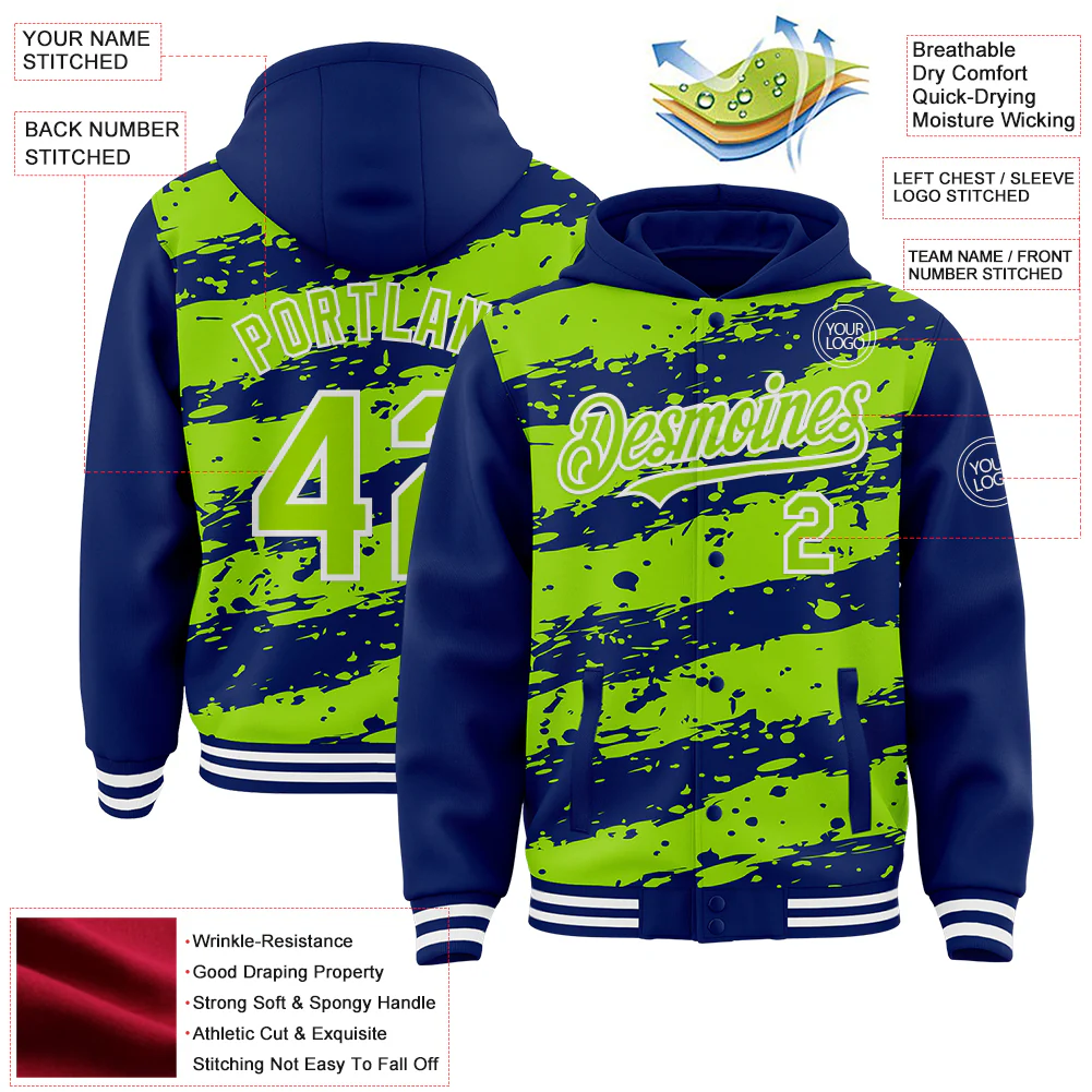 Custom Royal Neon Green-White Splash 3D Pattern Design Bomber Full-Snap Varsity Letterman Hoodie Jacket - Image 4