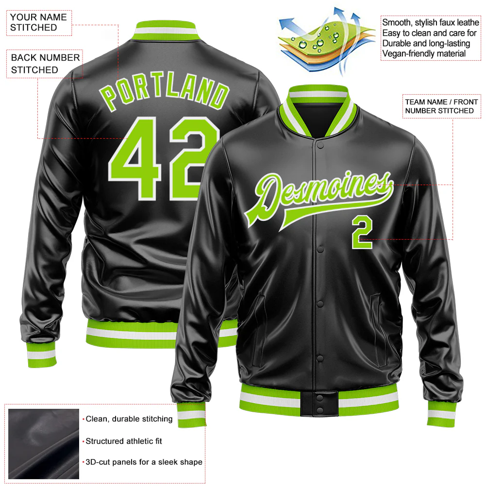 Custom Black Neon Green-White Bomber Full-Snap Varsity Faux Leather Letterman Jacket - Image 2