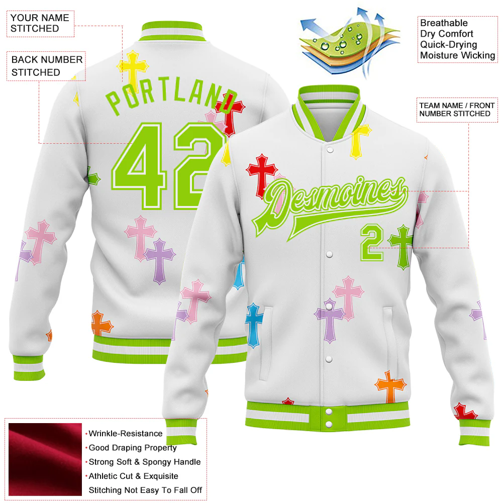 Custom White Neon Green Gothic Crosses Bomber Full-Snap Varsity Letterman Jacket - Image 4