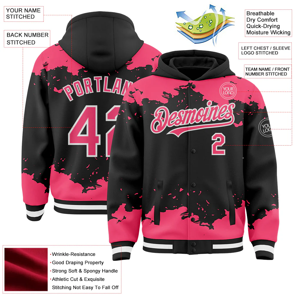 Custom Black Neon Pink-White Splash Art 3D Pattern Design Bomber Full-Snap Varsity Letterman Hoodie Jacket - Image 4
