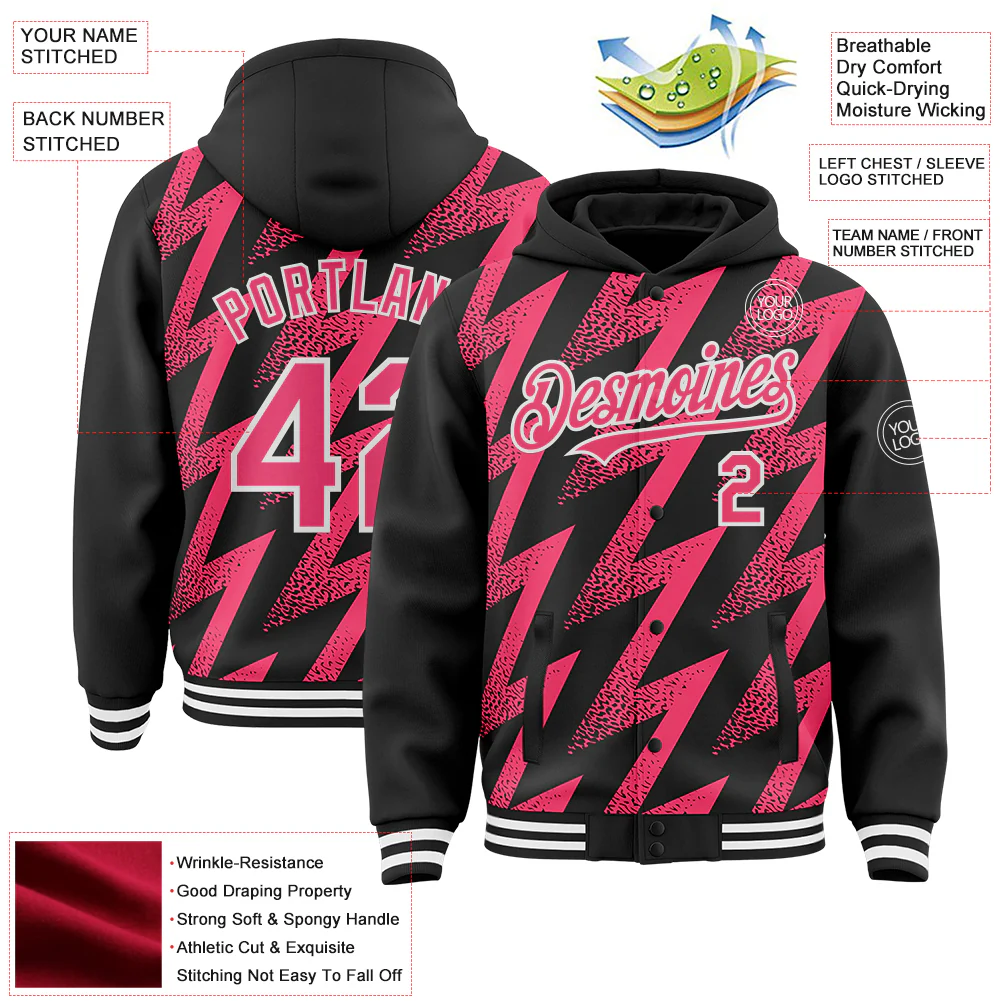 Custom Black Neon Pink-White Zigzag Shape 3D Pattern Design Bomber Full-Snap Varsity Letterman Hoodie Jacket - Image 4