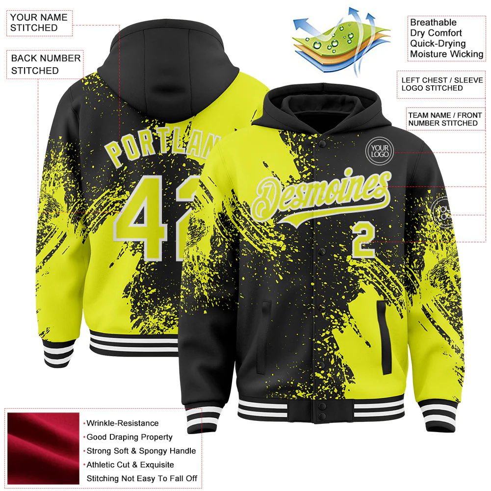 Custom Black Neon Yellow-White Abstract Brush Stroke 3D Pattern Design Bomber Full-Snap Varsity Letterman Hoodie Jacket - Image 4