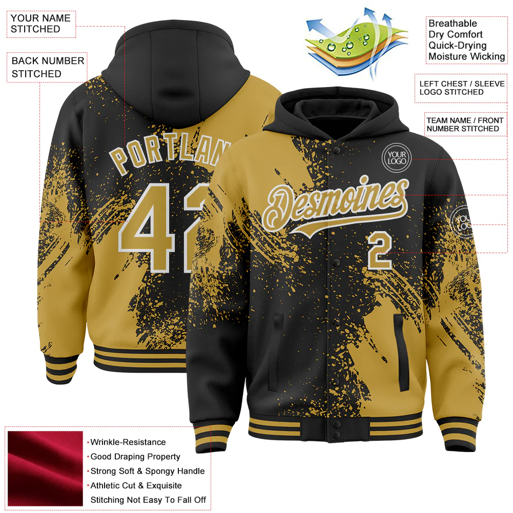 Custom Black Old Gold-White Abstract Brush Stroke 3D Pattern Design Bomber Full-Snap Varsity Letterman Hoodie Jacket - Image 4
