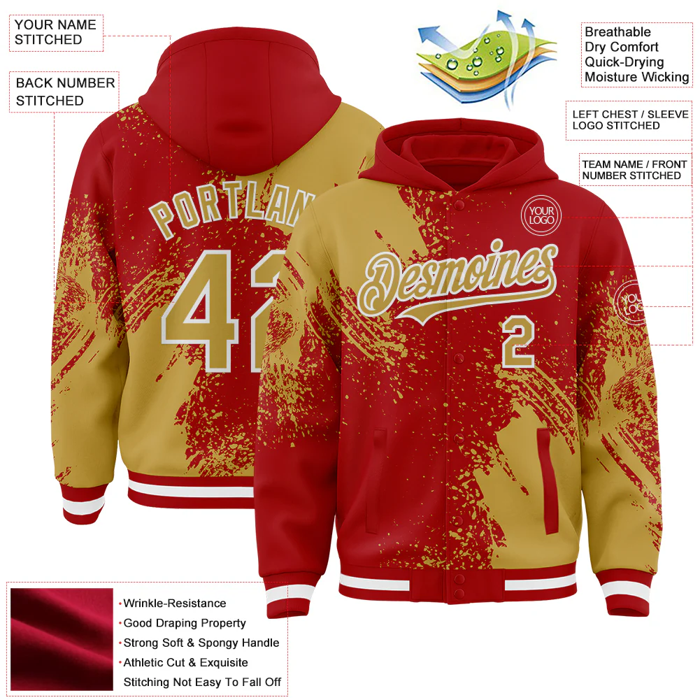 Custom Red Old Gold-White Abstract Brush Stroke 3D Pattern Design Bomber Full-Snap Varsity Letterman Hoodie Jacket - Image 4