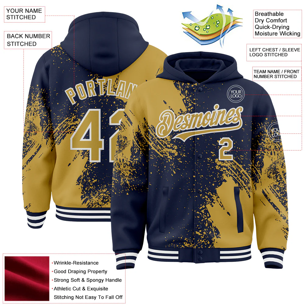 Custom Navy Old Gold-White Abstract Brush Stroke 3D Pattern Design Bomber Full-Snap Varsity Letterman Hoodie Jacket - Image 4