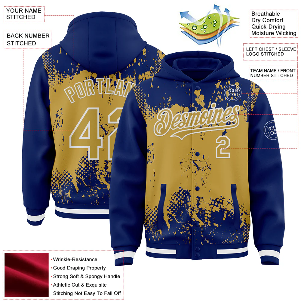 Custom Royal Old Gold-White Splash Art 3D Pattern Design Bomber Full-Snap Varsity Letterman Hoodie Jacket - Image 4