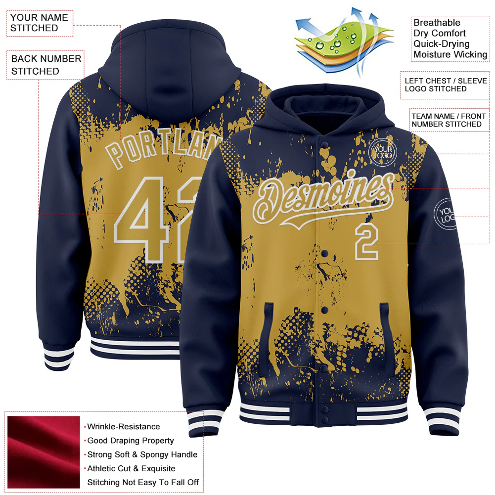Custom Navy Old Gold-White Splash Art 3D Pattern Design Bomber Full-Snap Varsity Letterman Hoodie Jacket - Image 4