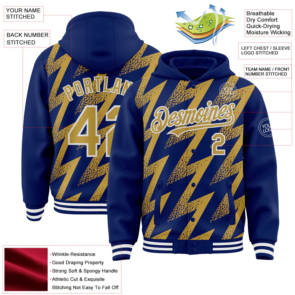Custom Royal Old Gold-White Zigzag Shape 3D Pattern Design Bomber Full-Snap Varsity Letterman Hoodie Jacket - Image 4