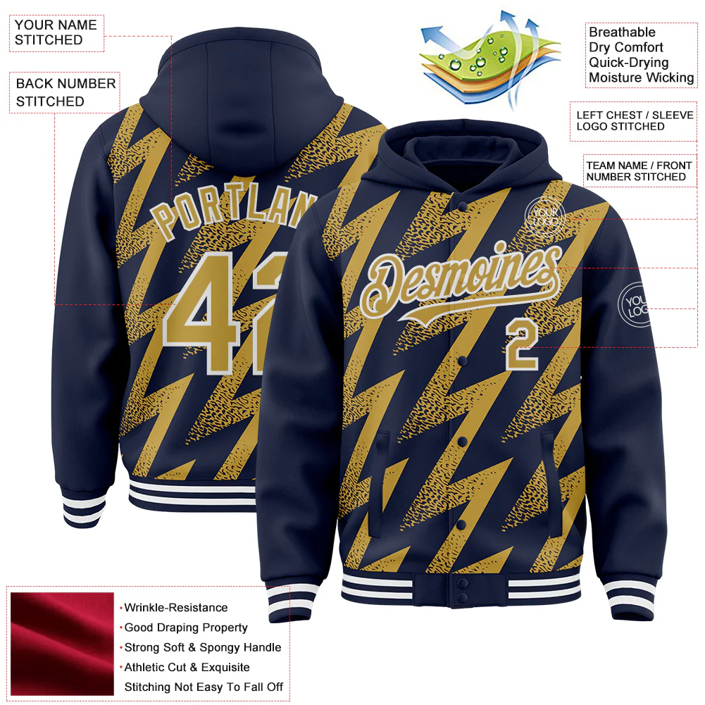 Custom Navy Old Gold-White Zigzag Shape 3D Pattern Design Bomber Full-Snap Varsity Letterman Hoodie Jacket - Image 4