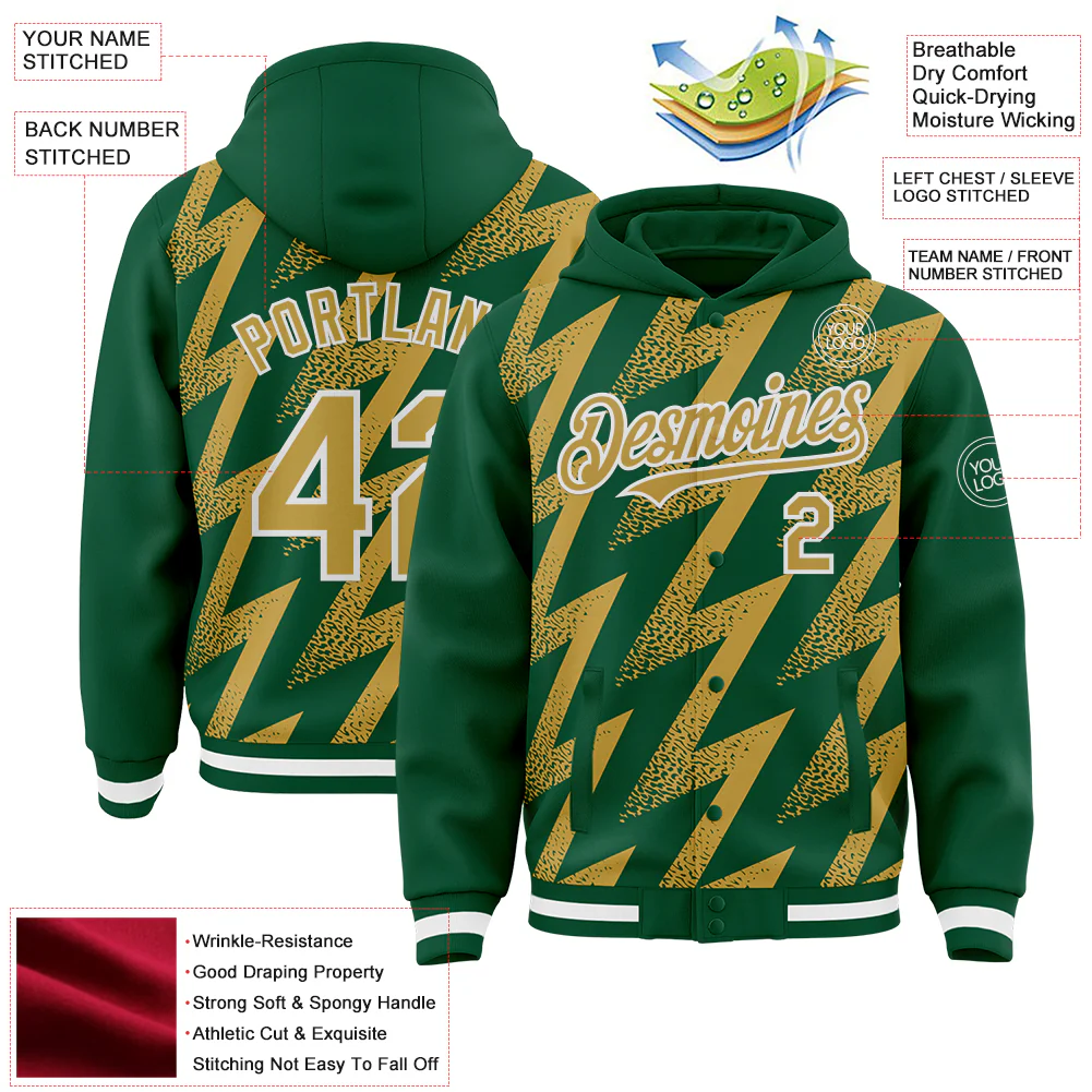 Custom Kelly Green Old Gold-White Zigzag Shape 3D Pattern Design Bomber Full-Snap Varsity Letterman Hoodie Jacket - Image 4