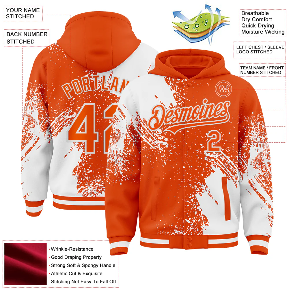 Custom Orange White Abstract Brush Stroke 3D Pattern Design Bomber Full-Snap Varsity Letterman Hoodie Jacket - Image 4