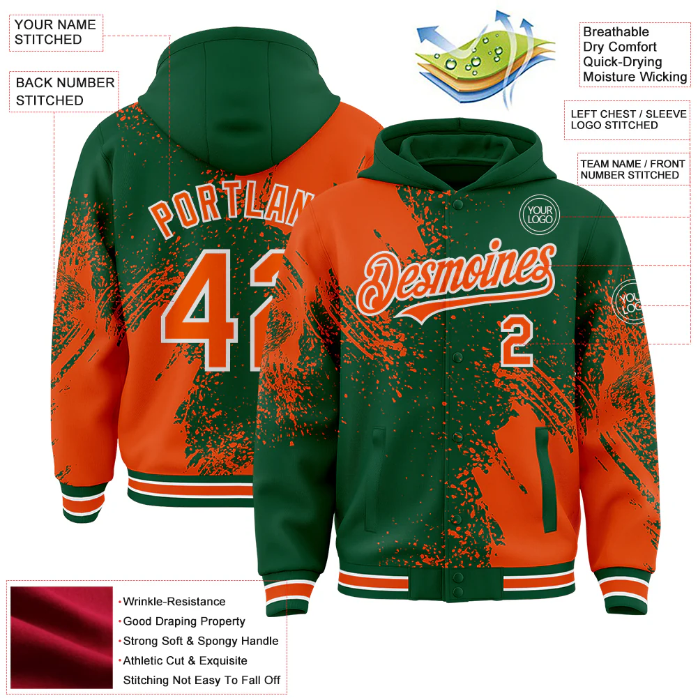Custom Kelly Green Orange-White Abstract Brush Stroke 3D Pattern Design Bomber Full-Snap Varsity Letterman Hoodie Jacket - Image 4
