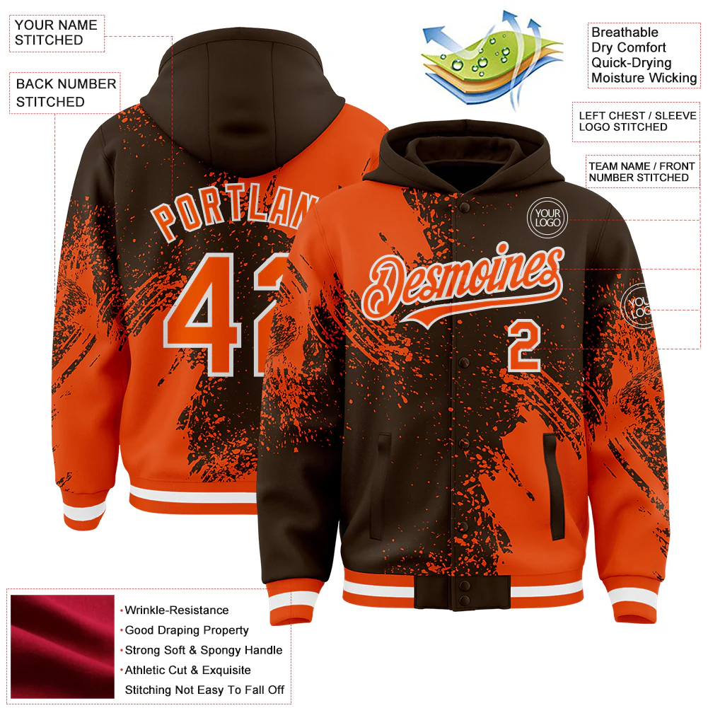 Custom Brown Orange-White Abstract Brush Stroke 3D Pattern Design Bomber Full-Snap Varsity Letterman Hoodie Jacket - Image 4