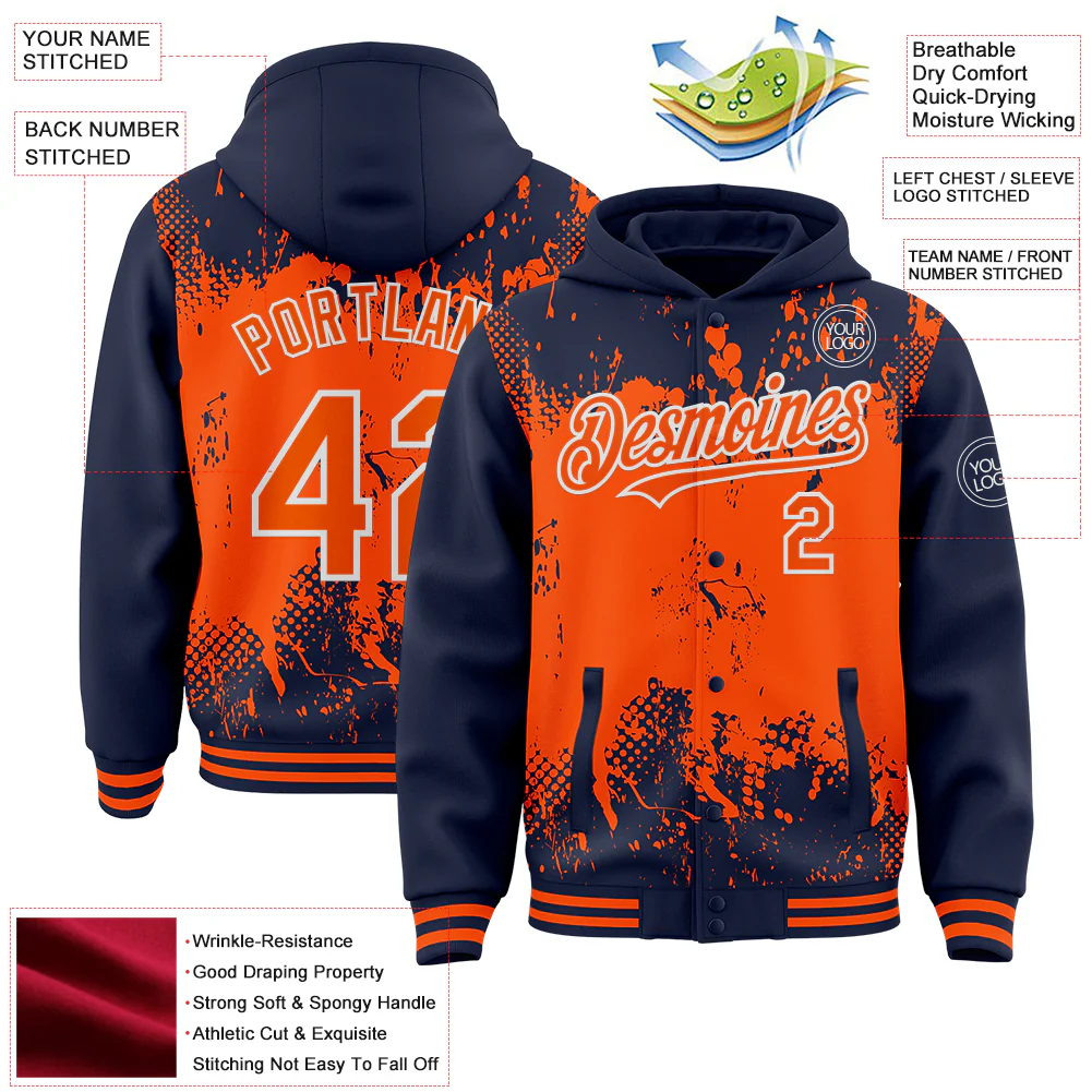 Custom Navy Orange-White Splash Art 3D Pattern Design Bomber Full-Snap Varsity Letterman Hoodie Jacket - Image 4