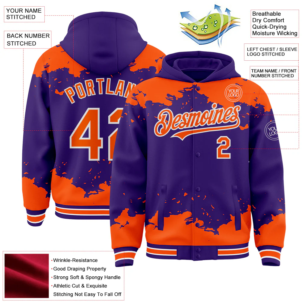 Custom Purple Orange-White Splash Art 3D Pattern Design Bomber Full-Snap Varsity Letterman Hoodie Jacket - Image 4