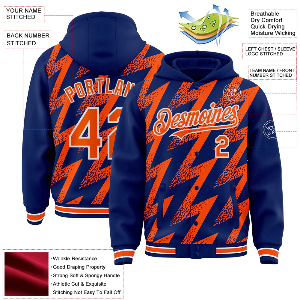 Custom Royal Orange-White Zigzag Shape 3D Pattern Design Bomber Full-Snap Varsity Letterman Hoodie Jacket - Image 4