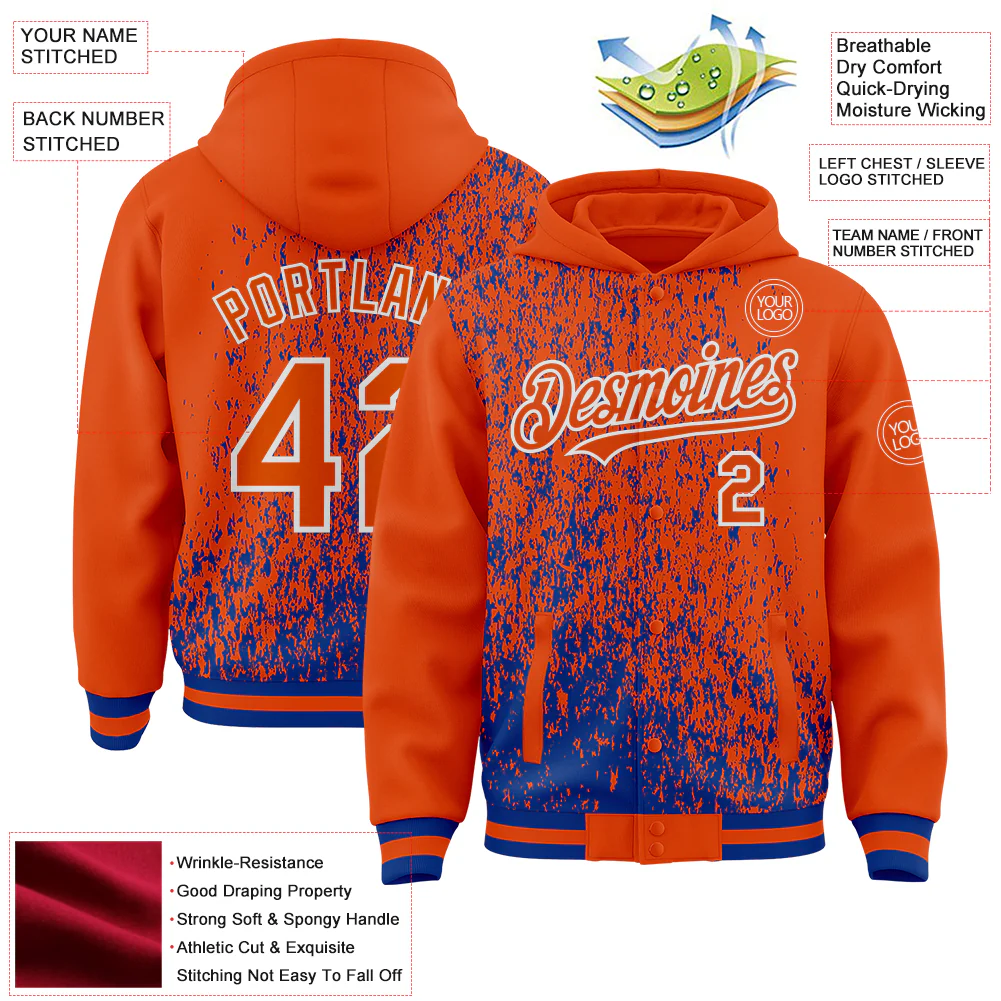 Custom Royal Orange-White Abstract Fragment Art 3D Pattern Design Bomber Full-Snap Varsity Letterman Hoodie Jacket - Image 4