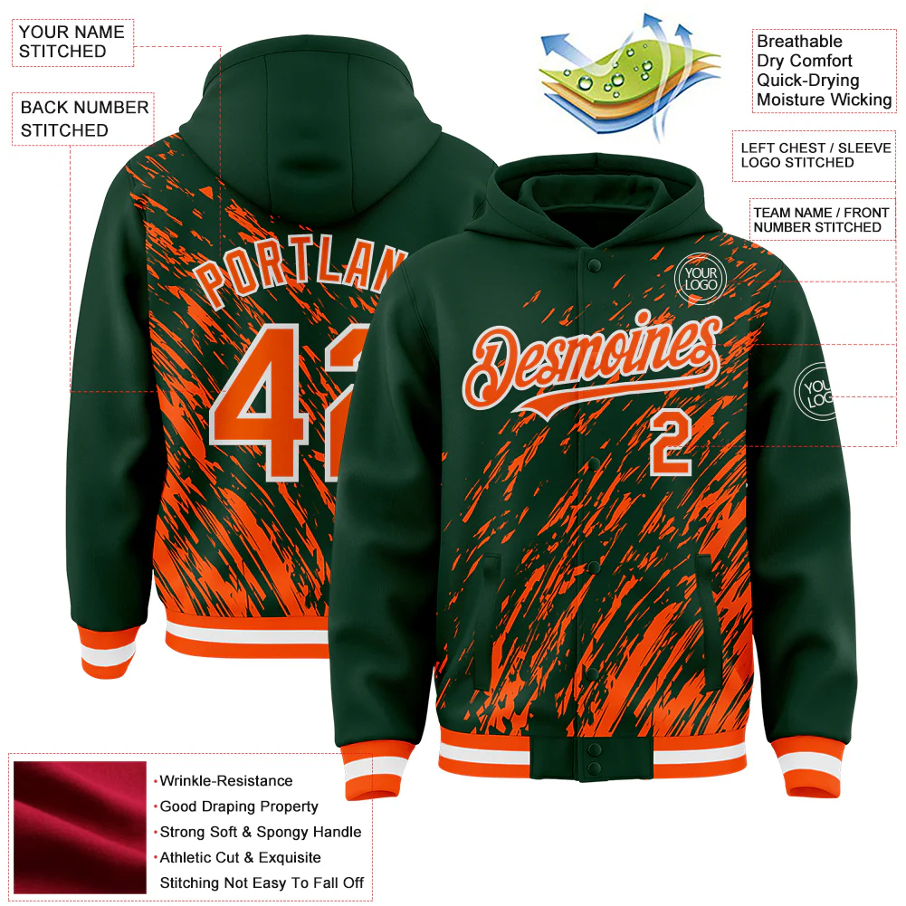 Custom Green Orange-White 3D Pattern Design Bomber Full-Snap Varsity Letterman Hoodie Jacket - Image 4