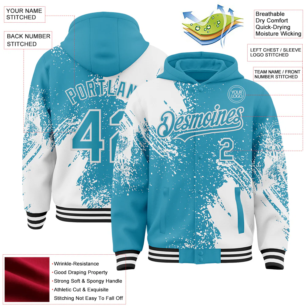 Custom Panther Blue White-Black Abstract Brush Stroke 3D Pattern Design Bomber Full-Snap Varsity Letterman Hoodie Jacket - Image 4