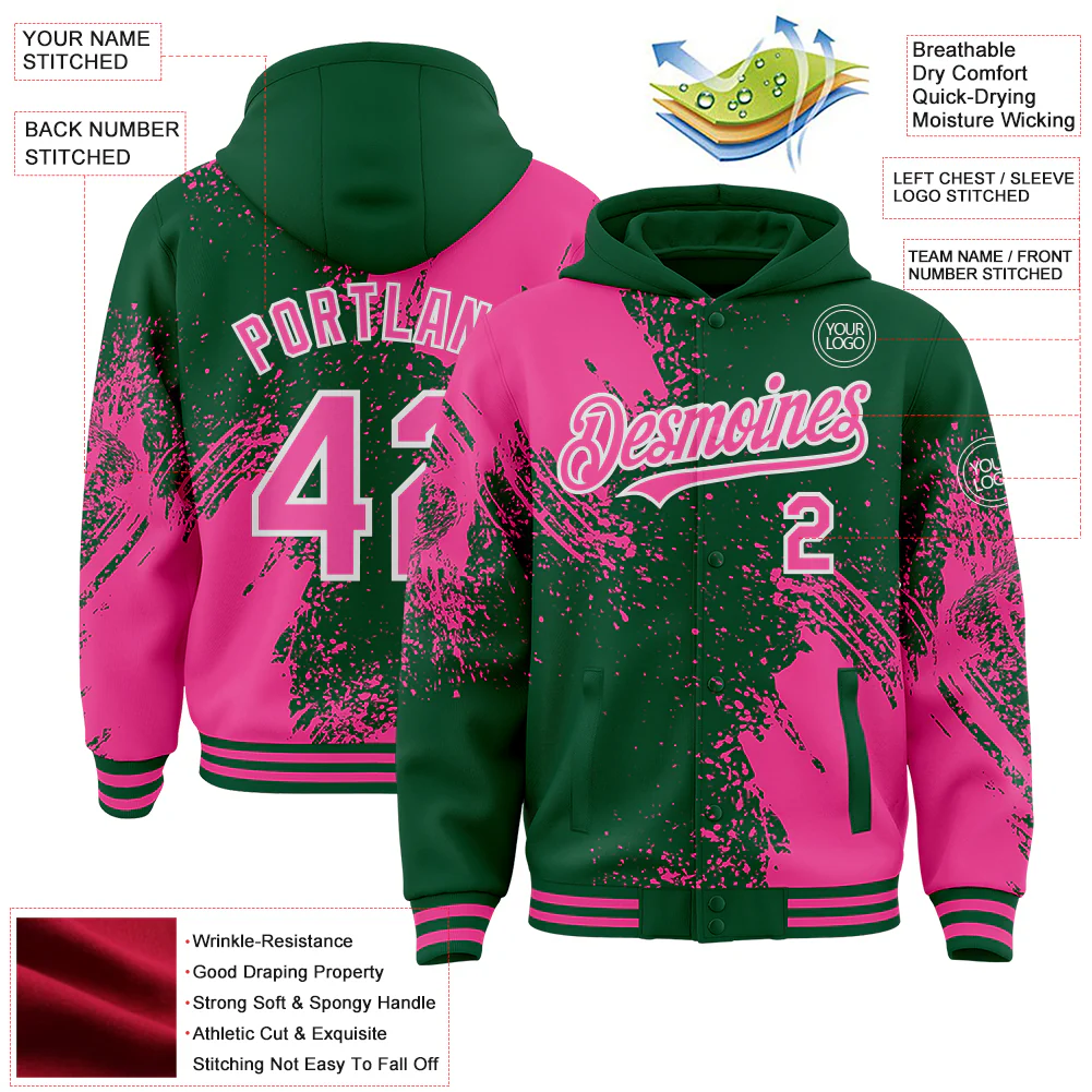 Custom Kelly Green Pink-White Abstract Brush Stroke 3D Pattern Design Bomber Full-Snap Varsity Letterman Hoodie Jacket - Image 4