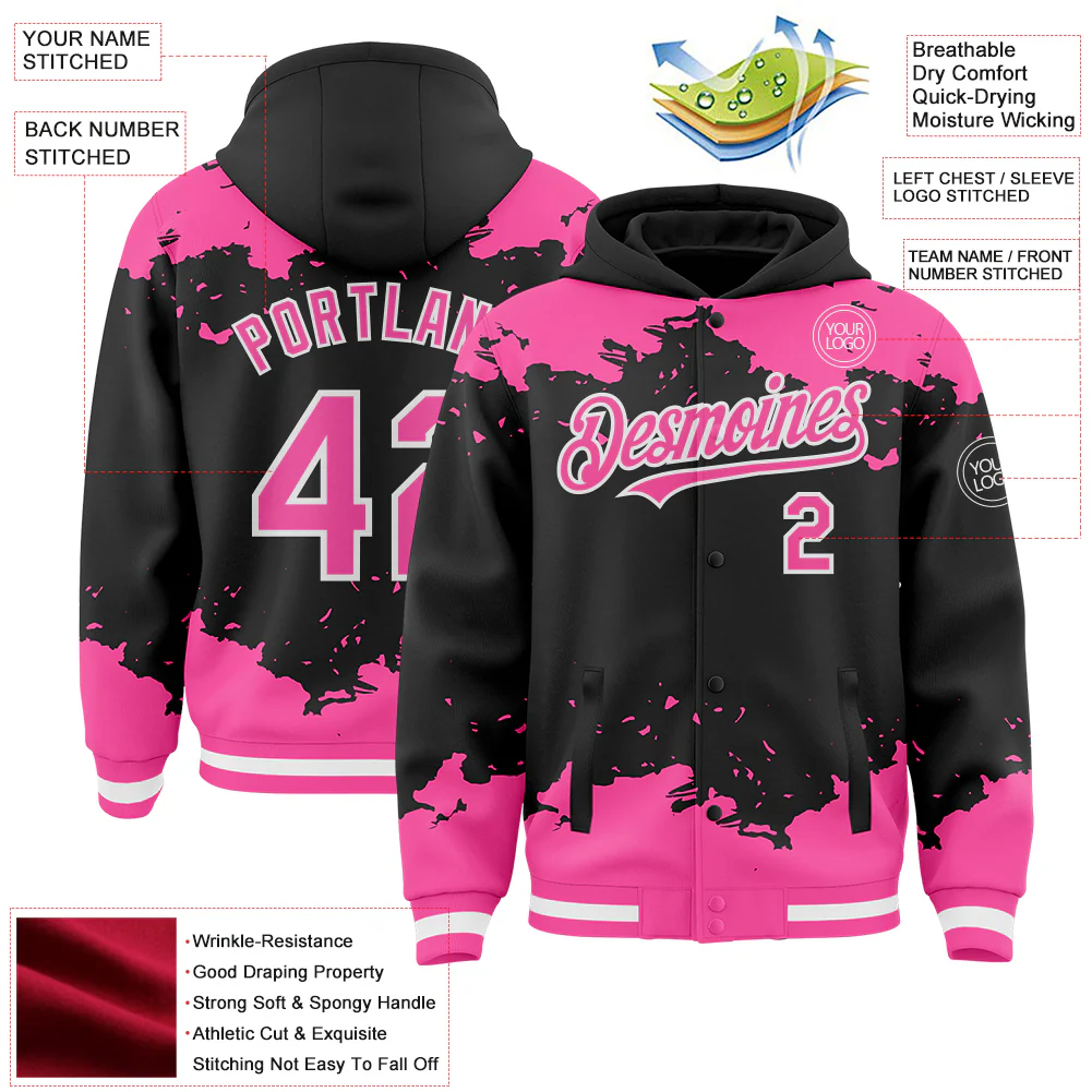 Custom Black Pink-White Splash Art 3D Pattern Design Bomber Full-Snap Varsity Letterman Hoodie Jacket - Image 4