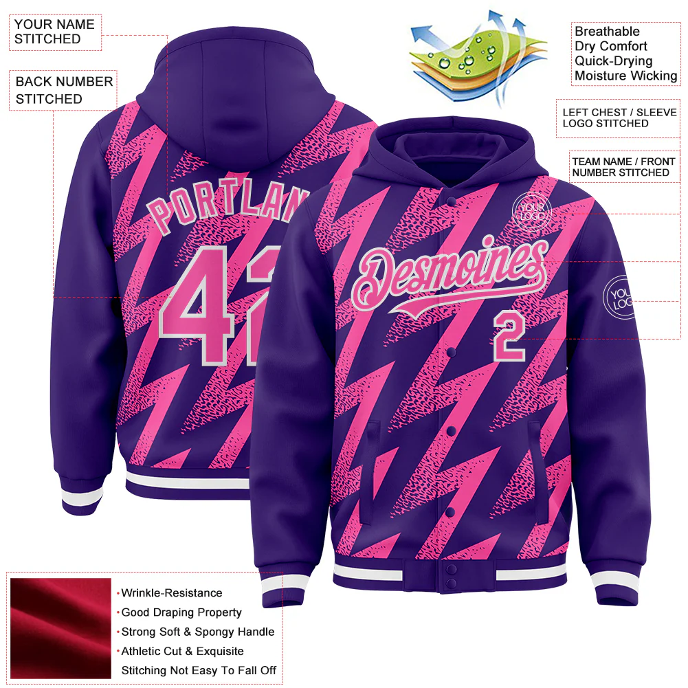 Custom Purple Pink-White Zigzag Shape 3D Pattern Design Bomber Full-Snap Varsity Letterman Hoodie Jacket - Image 4