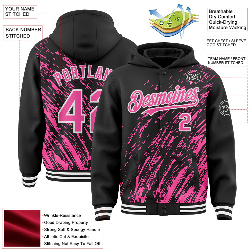 Custom Black Pink-White 3D Pattern Design Bomber Full-Snap Varsity Letterman Hoodie Jacket - Image 4