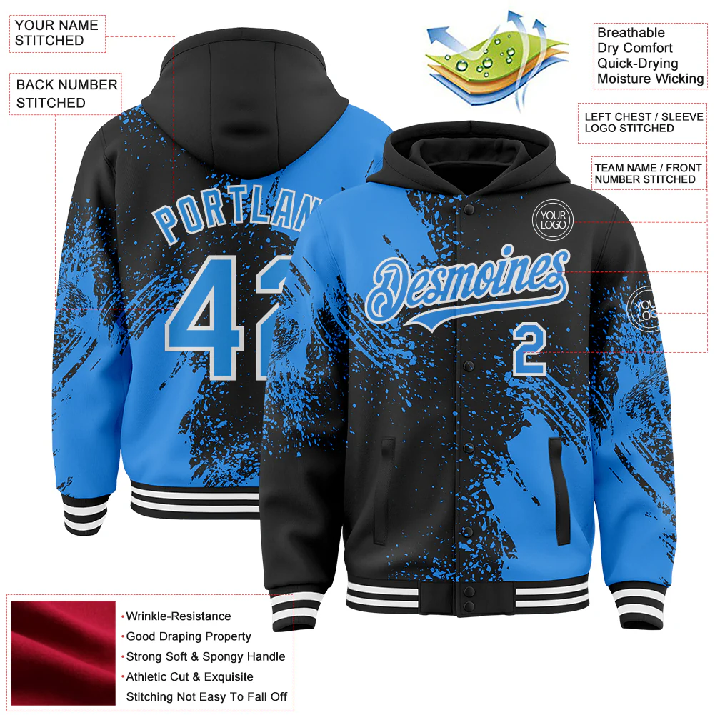 Custom Black Powder Blue-White Abstract Brush Stroke 3D Pattern Design Bomber Full-Snap Varsity Letterman Hoodie Jacket - Image 4