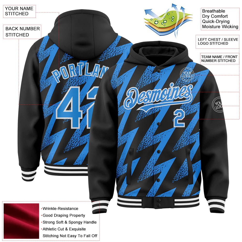 Custom Black Powder Blue-White Zigzag Shape 3D Pattern Design Bomber Full-Snap Varsity Letterman Hoodie Jacket - Image 4