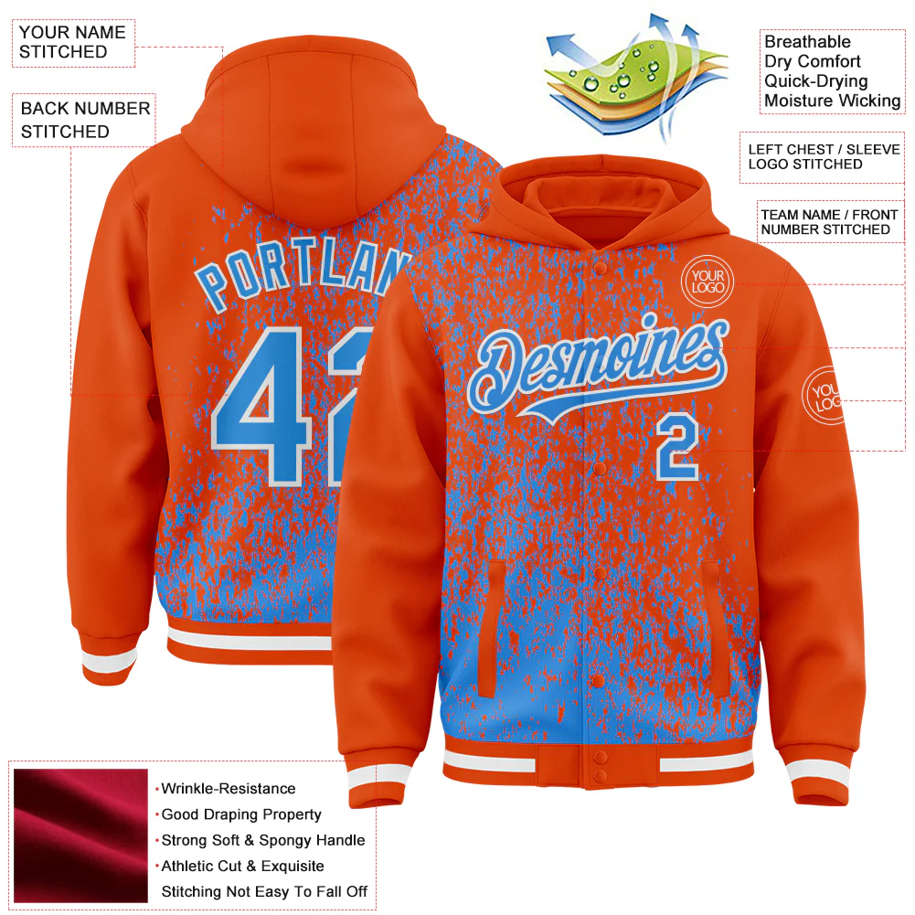 Custom Orange Powder Blue-White Abstract Fragment Art 3D Pattern Design Bomber Full-Snap Varsity Letterman Hoodie Jacket - Image 4