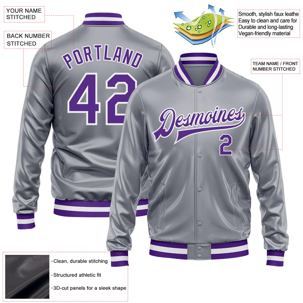 Custom Gray Purple-White Bomber Full-Snap Varsity Faux Leather Letterman Jacket - Image 2