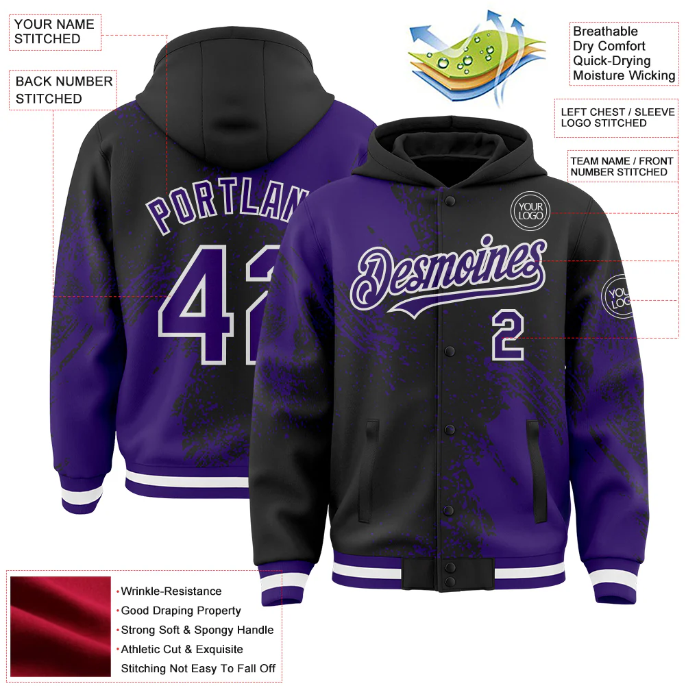 Custom Black Purple-White Abstract Brush Stroke 3D Pattern Design Bomber Full-Snap Varsity Letterman Hoodie Jacket - Image 4
