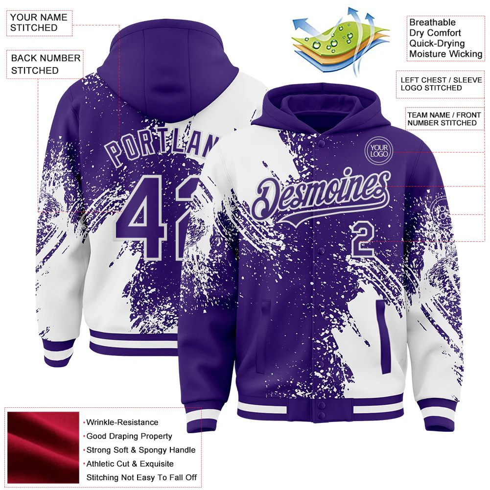 Custom Purple White Abstract Brush Stroke 3D Pattern Design Bomber Full-Snap Varsity Letterman Hoodie Jacket - Image 4