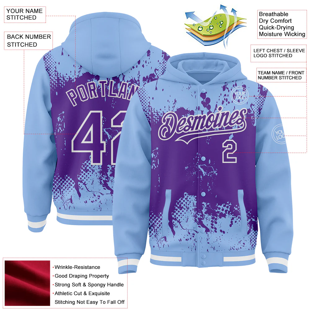 Custom Light Blue Purple-White Splash Art 3D Pattern Design Bomber Full-Snap Varsity Letterman Hoodie Jacket - Image 4